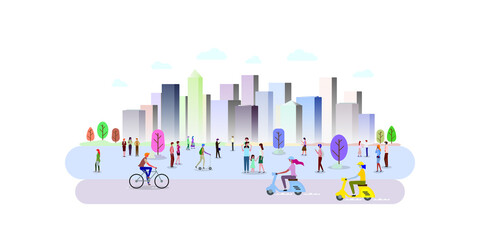 A group of people in the city park. People in various gestures, such as standing, walking, talking with mobile phone. Website header or banner design. Vector illustration.