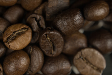 Fragrant fried coffee beans. close-up