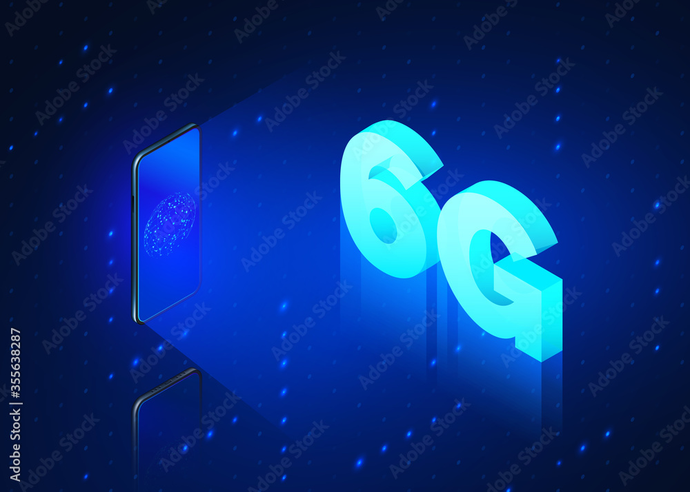 Poster 6g fast mobile networks. mobile phone with global network on screen and hologram of wireless network