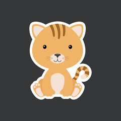 Sticker of cute baby cat sitting. Adorable domestic animal character for design of album, scrapbook, card, poster, invitation.