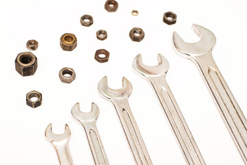 Repair tools wrenche, spanners and nuts. Car inspection and maintenance.