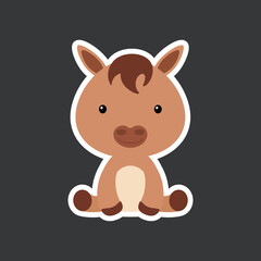 Sticker of cute baby horse sitting. Adorable domestic animal character for design of album, scrapbook, card, poster, invitation.