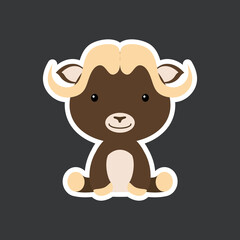 Sticker of cute baby musk ox sitting. Adorable animal character for design of album, scrapbook, card, poster, invitation.