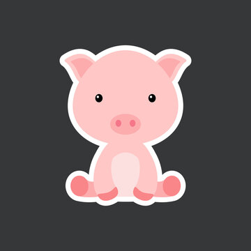 Sticker of cute baby pig sitting. Adorable domestic animal character for design of album, scrapbook, card, poster, invitation.