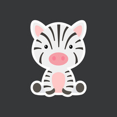 Fototapeta na wymiar Sticker of cute baby zebra sitting. Adorable safari animal character for design of album, scrapbook, card, poster, invitation.