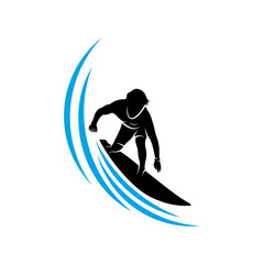 Surfing with water wave logo vector template, Illustration symbol, Silhouette design
