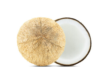 Fresh coconut half and whole isolated on white background with clipping path side view