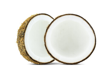 Fresh coconut halves isolated on white background with clipping path