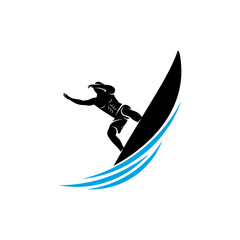 Surfing with water wave logo vector template, Illustration symbol, Silhouette design