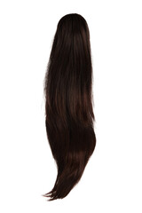 Subject shot of a brown wiglet made as a long ponytail. The natural looking wiglet is isolated on...
