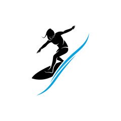 Surfing with water wave logo vector template, Illustration symbol, Silhouette design