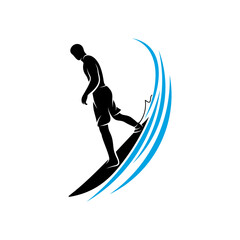 Surfing with water wave logo vector template, Illustration symbol, Silhouette design