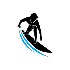 Surfing with water wave logo vector template, Illustration symbol, Silhouette design