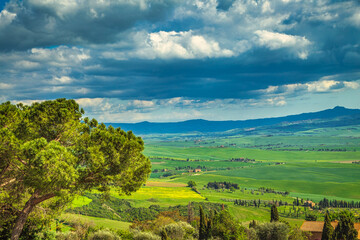 Fototapeta na wymiar View from Pienza town at surrounding countryside of the Val d'Orcia valley in Tuscany, Italy, Europe.