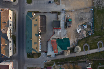 Beautiful eclectic synagogue in the city center in the evening, aerial photography