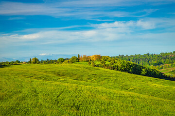 Landscape with farmhouses in Val d'Orcia region of Tuscany in spring time, Italy.