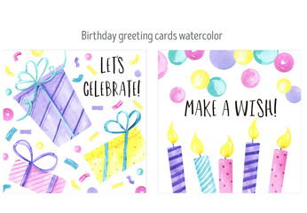Birthday greeting card watercolor, party, candles, confetti, gift, balloon. Party celebrations accessories. Colorful balloons. Party celebrations accessories. Happy Birthday. Baby party. 
