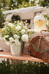 Picnic basket with fruits. Picnic in the nature. White flowers in a pot