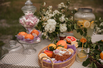Muffins in a fruit basket. Picnic in the Park on the green grass with fruit, Lemonade