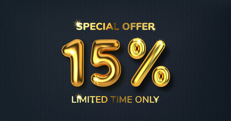 15 off discount promotion sale made of realistic 3d gold balloons. Number in the form of golden balloons. Template for products, advertizing, web banners, leaflets, certificates and postcards. Vector - obrazy, fototapety, plakaty