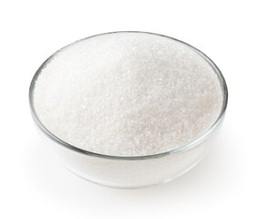 Granulated sugar in glass bowl isolated on white background with clipping path