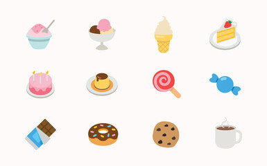 Sweet Dessert icons set. Cake, Ice Cream, Cookie, Candy, Chocolate bar, Lollipop, Strawberry Cake flat illustrations collection