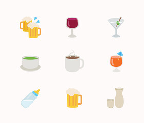 Set of Drink and Alcohol icons. Isolated wine, champagne, beer, whisky, cocktail, coffee, tea flat illustrations collection