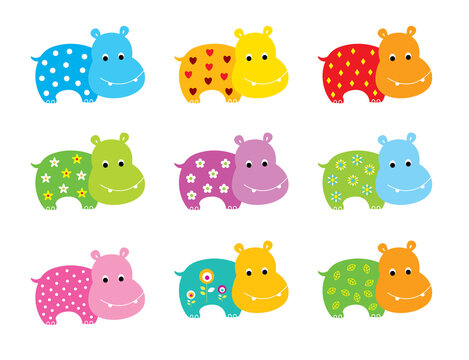 cute hippo cartoon vector with beautiful pattern