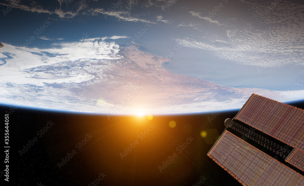 Poster view of planet earth from a space station window during a sunrise 3d rendering elements of this imag