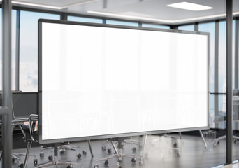 Panoramic frame Mockup hanging on office glass window. Mock up of a billboard in modern company interior