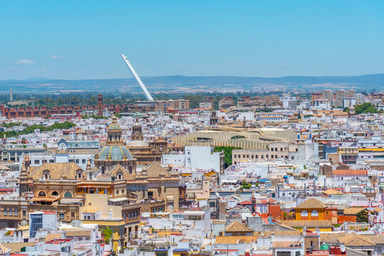 Downtown view of Sevilla with Metropolis Parasol and alamillo bridge, Spain