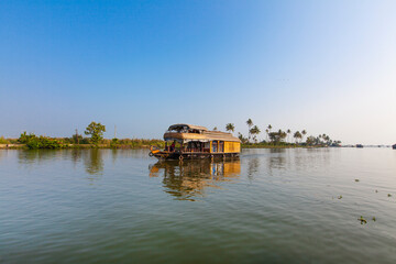 Obraz premium Panorama of tourist houseboat on Kerala backwaters. Kerala, India