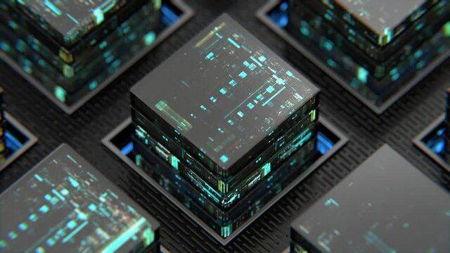 Closeup on cubic and futuristic quantum computers running, seamlessly loopable animation