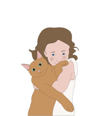 The girl hugging a cat. Cartoon illustration doodle character sketch outline line hand illustrations, line art, concept hand drawing, flat. Children and pets, family