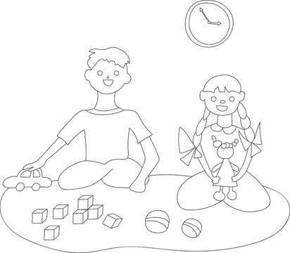 two children, brother and sister play at home with toys. Household chores and rest time. Self-isolation mode during quarantine. Family values ​​and friendship. Vector illustration