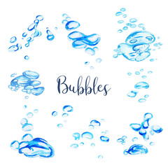 Set of watercolor water bubbles, hand drawn