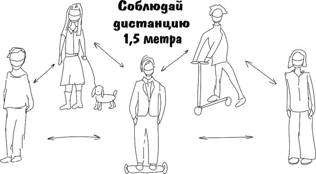 Warning about maintaining social distance during quarantine. Safety when walking. The inscription in Russian - Observe a distance of 1.5 meters. coronovirus epidemic