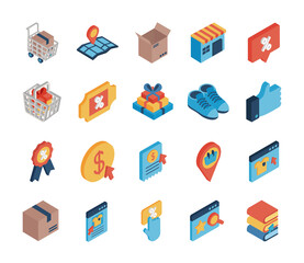 Shopping online isometric style icon set vector design