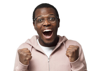 Emotional happy african man clenching fists and having opened mouth in joyful euphoria as if...