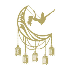 young woman, moon swing and lanterns