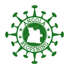 Angola reopening stamp. Green round badge of country with map of Angola. Country opening after lockdown. Vector illustration.