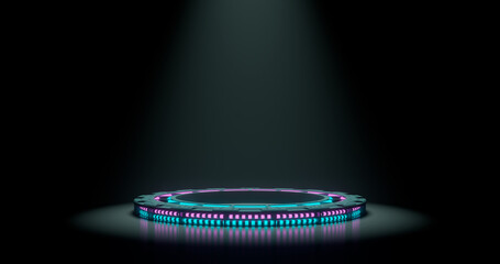 3d rendering. Dark Studio with geometric shapes, a podium with neon luminous stripes on the field. Platforms for product presentation, background layout. Abstract composition in a minimalist design.