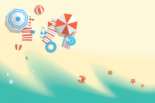 Vector illustration. Sunny beach view from above. Summertime - sea, sand, umbrellas, towels, clothes, objects. (Top view) 