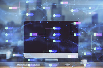 Fototapeta premium Technology theme drawing and work space with computer. Multi exposure. Concept of innovation.