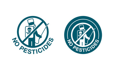 No Pesticides stamp - sign with crossed out man with sprayer and personal protective equipment - danger free and poison free marking for healthy farm vegetables and food products