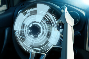 Robot arm on a steering wheel. Artificial intelligence drives a car. Autonomous vehicle concept.	