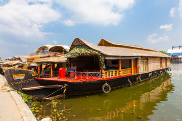 Fototapeta na wymiar Panorama of tourist houseboat on Kerala backwaters. Kerala, India
