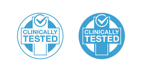 Clinically tested stamp - sign for laboratory tested products packaging - vector element with medical cross and tick sign