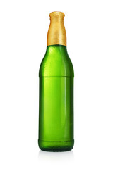 Green beer bottle without label isolated on white background.