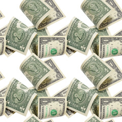 One dollar bills seamless pattern or background on a white.